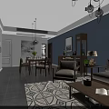 Modern Living And Dining Room Interior With Wooden Furniture Light Blue Walls And Geometric Rug