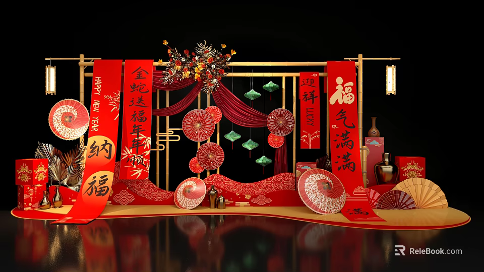 Chinese Style Photo Check in Spot With Red Decorations Fu Characters Lanterns Fans Golden Frames 3d model 