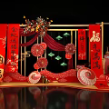 Chinese Style Photo Check in Spot With Red Decorations Fu Characters Lanterns Fans Golden Frames