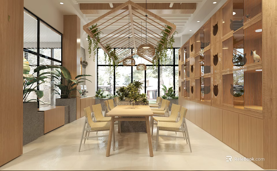 Mall Shop Interior Featuring Wooden Frame Ceiling Hanging Plants Dining Table And Display Cabinets 3d model 