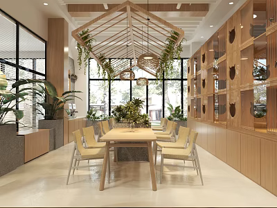 Mall Shop Interior Featuring Wooden Frame Ceiling Hanging Plants Dining Table And Display Cabinets 3d model