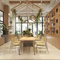 Mall Shop Interior Featuring Wooden Frame Ceiling Hanging Plants Dining Table And Display Cabinets