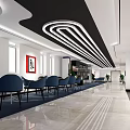 Modern Library Interior With Blue Bookshelves Curved Ceiling Light Strips And White Floor