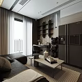Modern Living and Dining Room Interior With Wooden Slat Wall Dark Sofa and Coffee Table