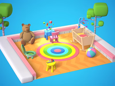 Cartoon Play Area With Teddy Bear Baby Crib Rainbow Rug Small Furniture And Colorful Ball 3d model