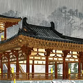 Traditional Chinese Pavilion With Black Tiled Roof Wooden Structure In Rainy Scenic View