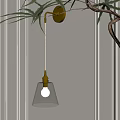 Brass Pendant Light With Textured Shade Hanging On White Wall Near Green Plant Leaves