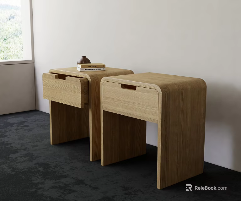 Modern Wooden Bedside Tables With Drawers Near Window On Dark Carpet And Light Wall 3d model 