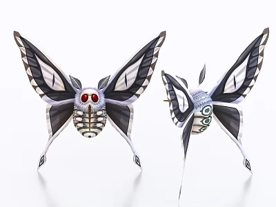 Artistic Flying Moths With Black And White Wings Red Eyes And Intricate Body Patterns 3d model