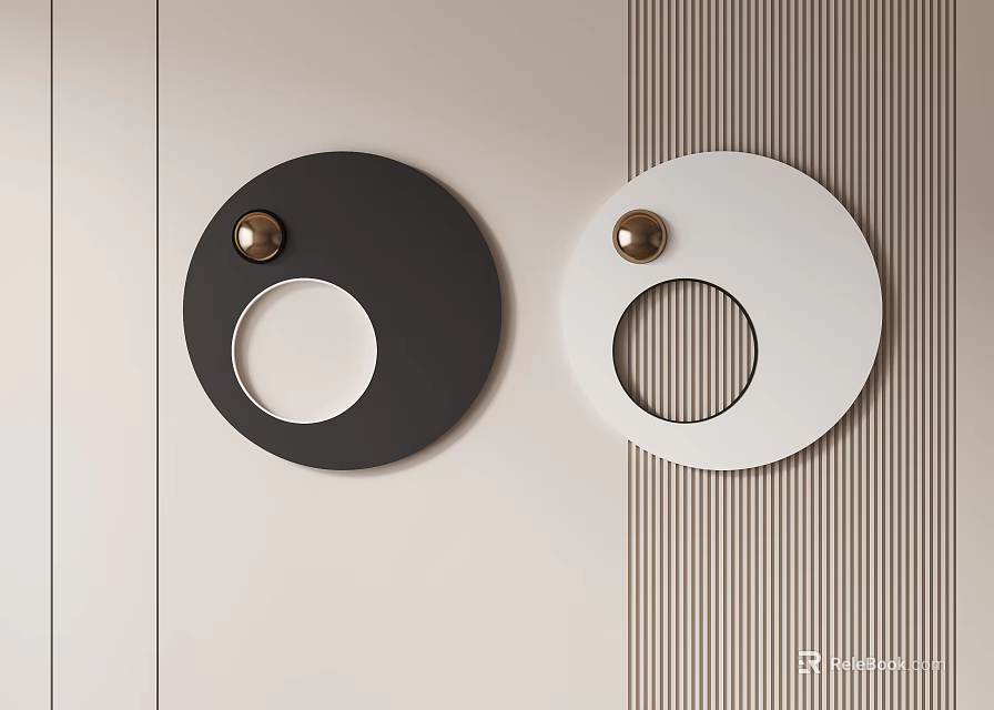 Minimalist Modern Wall Decor With Black White Round Panels Circular Cutouts And Brass Accents 3d model 