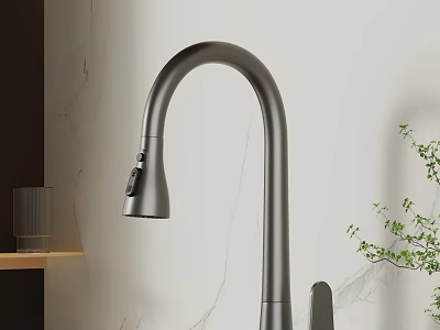 Sleek Black Kitchen Faucet On Marble Countertop With Transparent Glass And Green Plant 3d model