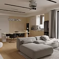 Modern Living Dining Room Interior With Staircase Sofa Dining Table And Pendant Lights