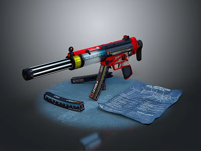 Tactical Assault Rifle With Red Black Yellow Design Barrel Magazines And Blueprints 3d model