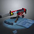 Tactical Assault Rifle With Red Black Yellow Design Barrel Magazines And Blueprints