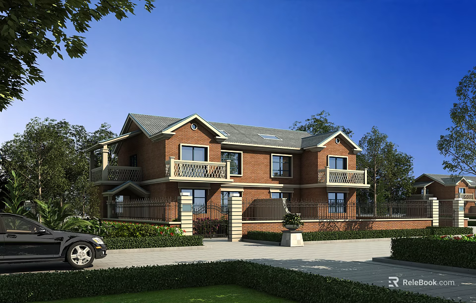 Semi Detached Villa With Red Brick Exterior Balconies And Greenery In Residential Area 3d model 