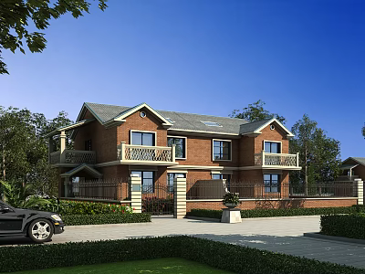 Semi Detached Villa With Red Brick Exterior Balconies And Greenery In Residential Area 3d model