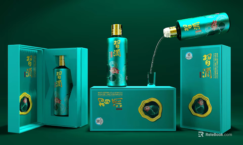 Luxury Green Wine Bottles With Gold Accents And Elegant Boxes For Wine Glasses Serving 3d model 