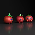 Three Smiling Tomatoes With Red Fruit Green Leaves And Black Background Reflections