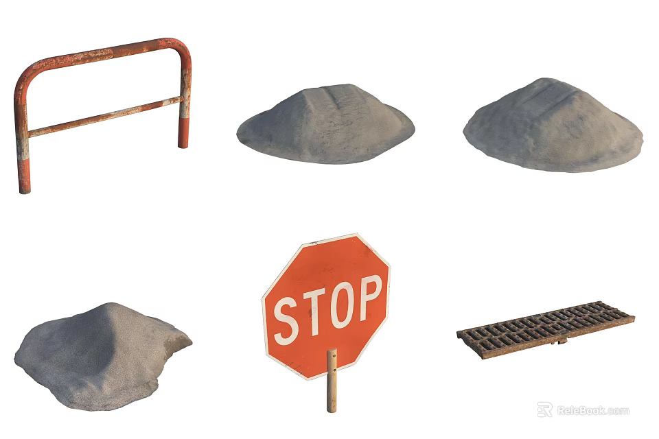 Road Facilities Including Rusted Metal Railing Sand Mounds Red STOP Sign And Metal Grate 3d model 