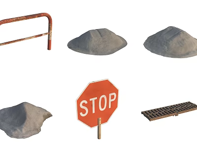 Road Facilities Including Rusted Metal Railing Sand Mounds Red STOP Sign And Metal Grate 3d model