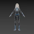 Woman in Black Bodysuit with Blue Gloves Boots and Glowing Chest Emblem Against Blue Background