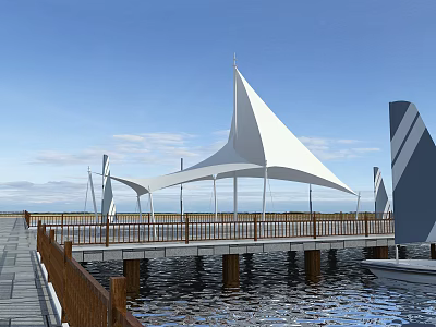White Tensile Membrane Canopy Structure Over Waterfront Wooden Boardwalk With Blue Sky 3d model