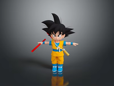3D Model Of Anime Character Goku In Yellow Outfit With Blue Shoes And Red Staff 3d model