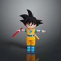 3D Model Of Anime Character Goku In Yellow Outfit With Blue Shoes And Red Staff