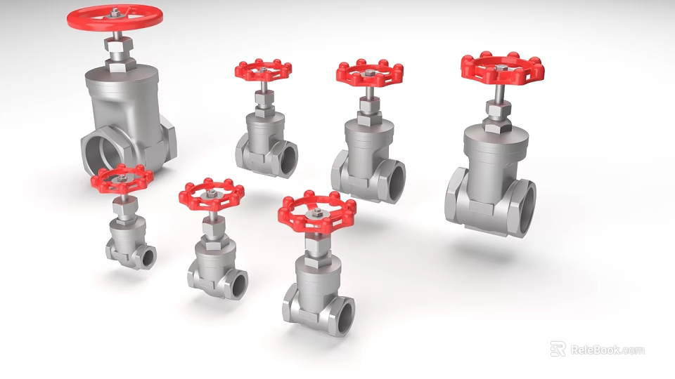 Industrial Metal Pipe Valves In Various Sizes With Red Handles 3d model 