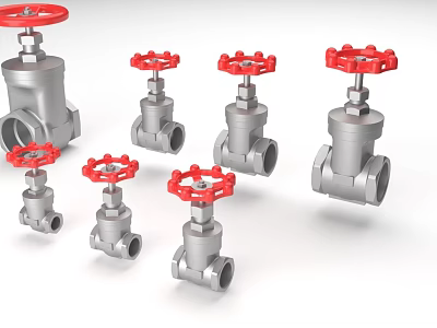 Industrial Metal Pipe Valves In Various Sizes With Red Handles 3d model