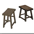 Two Wooden Stools With Square Seats Natural Wood Grain Retro Style Home Decor