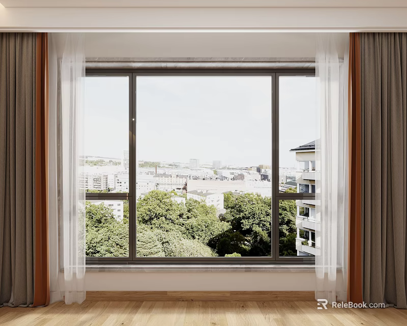 Gray Thick And White Sheer Curtains By Window With City View And Green Trees 3d model 