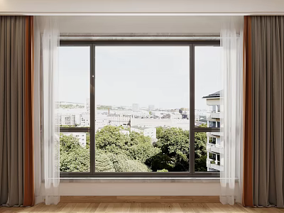 Gray Thick And White Sheer Curtains By Window With City View And Green Trees 3d model