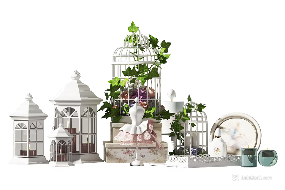 Decorative White Birdcages Small Houses With Green Plants Doll And Plates 3d model 