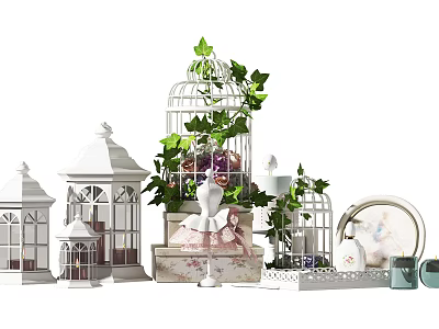 Decorative White Birdcages Small Houses With Green Plants Doll And Plates 3d model