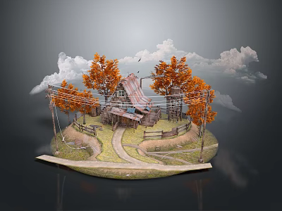 Rustic Wooden Cabin Surrounded By Orange Trees Fence And Path Under Clouds 3d model
