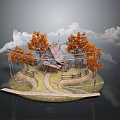 Rustic Wooden Cabin Surrounded By Orange Trees Fence And Path Under Clouds 3d model