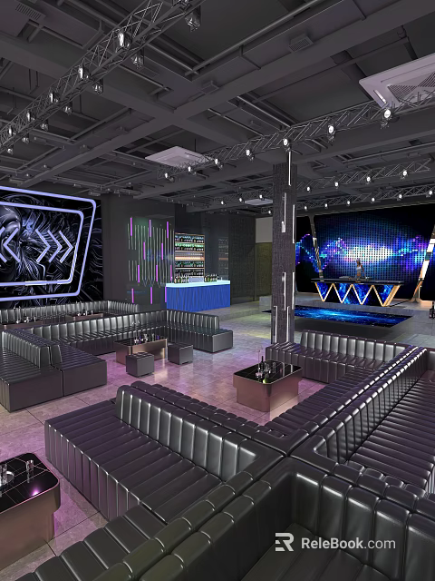 Modern Bar Interior With Black Leather Sofas Blue Counter And Neon Lighting Stage 3d model 