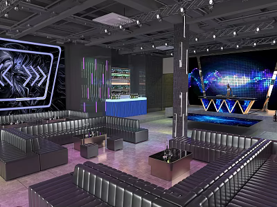 Modern Bar Interior With Black Leather Sofas Blue Counter And Neon Lighting Stage 3d model