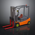 Orange and Gray Forklift with Red Forks Yellow Wheels Cab Top Guardrail and Warning Light