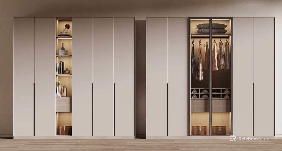 Elegant Modern Wardrobe Interior With Sliding Doors Hanging Area Folding Shelves And Storage 3d model 