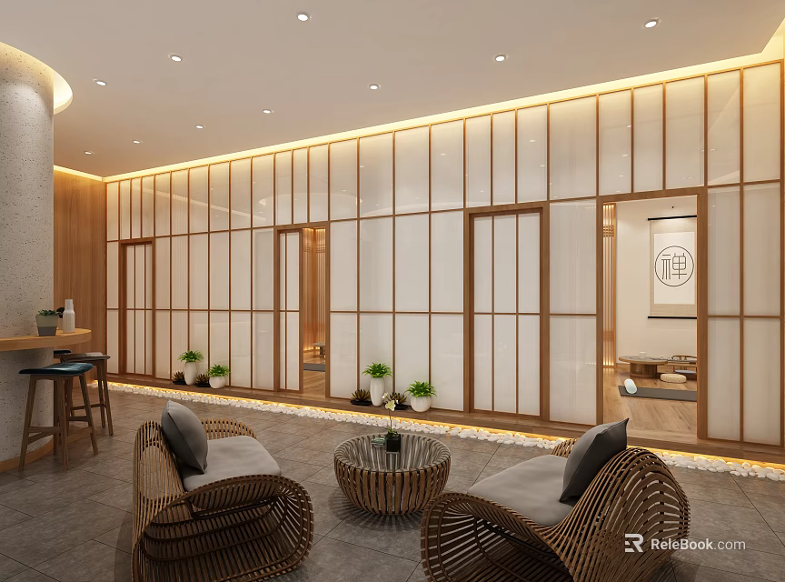 Modern Teahouse Interior With Wooden Lattice Partitions Woven Rattan Seats And Green Plants 3d model 