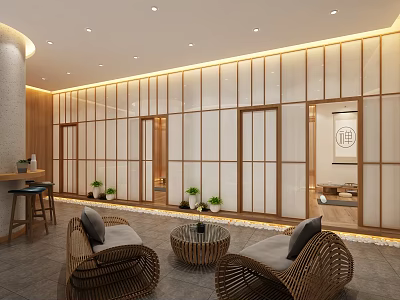 Modern Teahouse Interior With Wooden Lattice Partitions Woven Rattan Seats And Green Plants 3d model