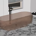 Amber Transparent Oval Bathtub With Black Faucet On Marble Floor Near Side Table