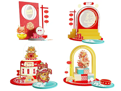 Traditional Chinese New Year Decorations With Red Envelopes Lanterns Lion Dance And Fortune Characters 3d model