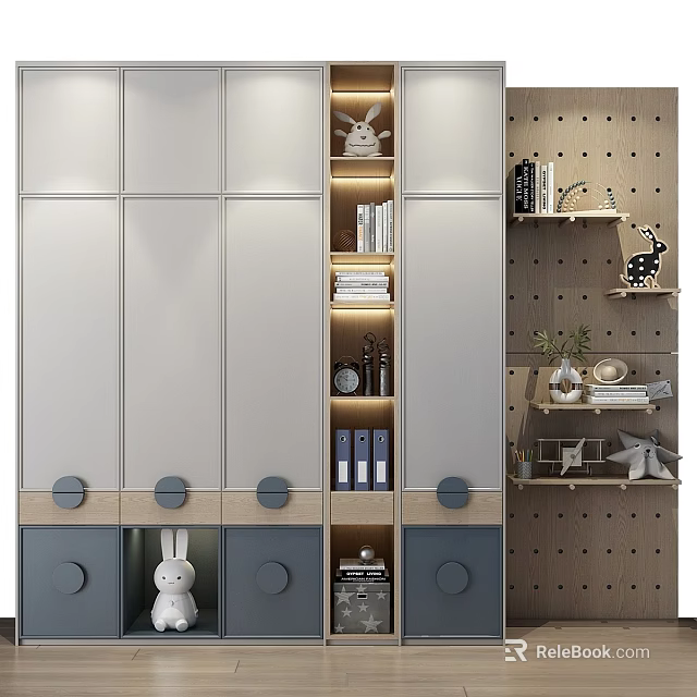 Modern Wardrobe Design With Open Shelves Closed Doors Perforated Board Books Rabbit Decor And Plant 3d model 