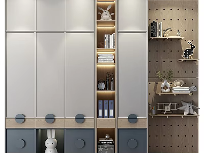 Modern Wardrobe Design With Open Shelves Closed Doors Perforated Board Books Rabbit Decor And Plant 3d model