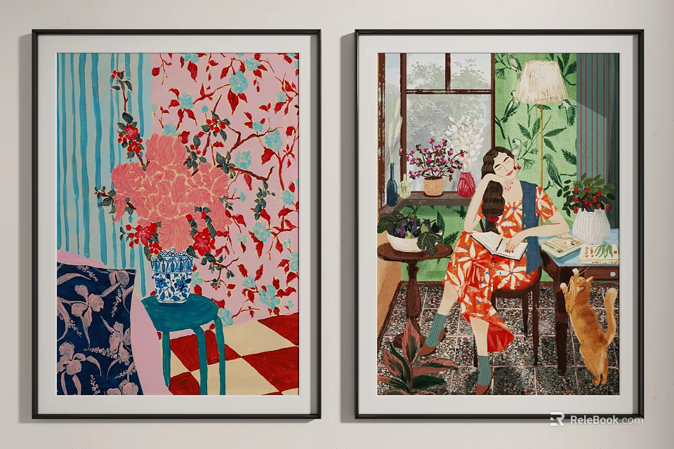 Two Framed Artworks Featuring Floral Design Woman Reading Cat And Green Curtains 3d model 