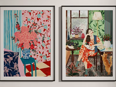 Two Framed Artworks Featuring Floral Design Woman Reading Cat And Green Curtains 3d model
