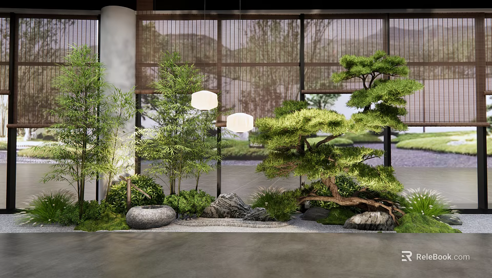 Modern Indoor Landscape with Pine Tree Bamboo Stone Lantern and Wooden Screen 3d model 